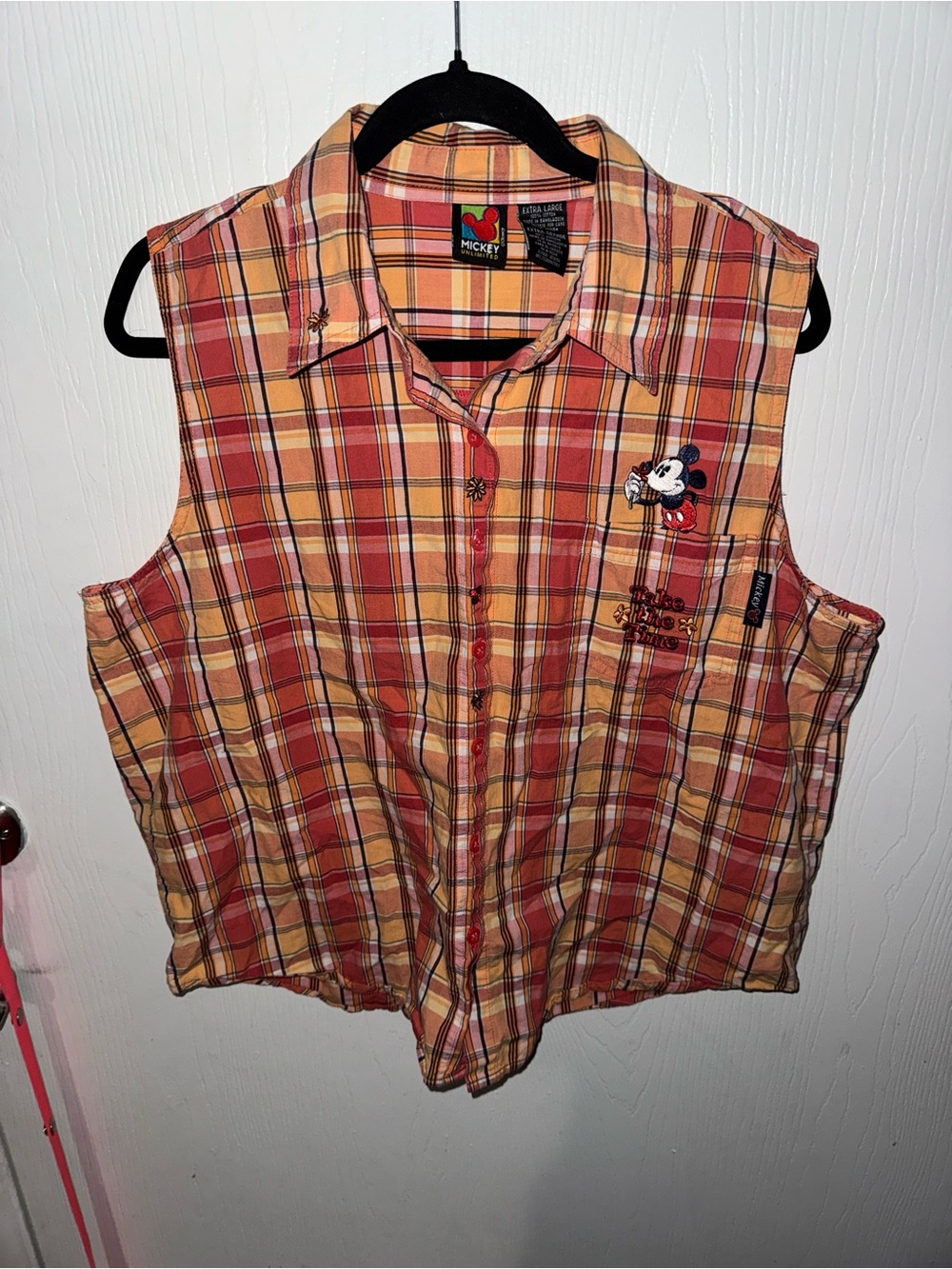 Vintage Mickey Unlimited Disney Mickey Mouse Plaid Sleeveless Button Up Shirt XL